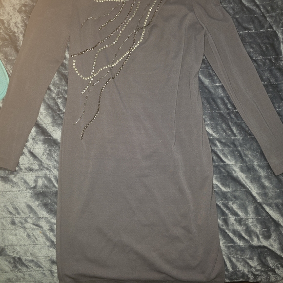 Suzi Chin Charcoal Gray Long-Sleeve Dress with Rhinestone Cascade - Picture 2 of 5